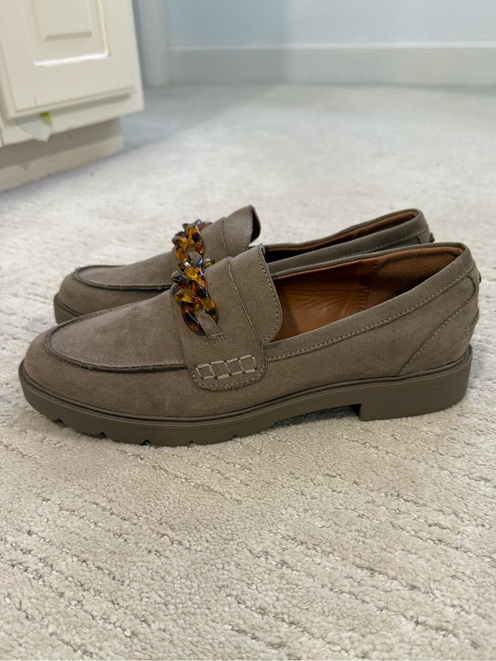 Anne Klein Suede Loafers with Tortoiseshell Chain